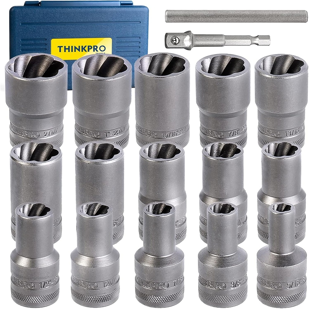 17-Piece Bolt Extractor Set for Lug Nut Removal - 1/2 Inch Drive - Remove Damaged, Frozen, Rusted Bolts & Nuts