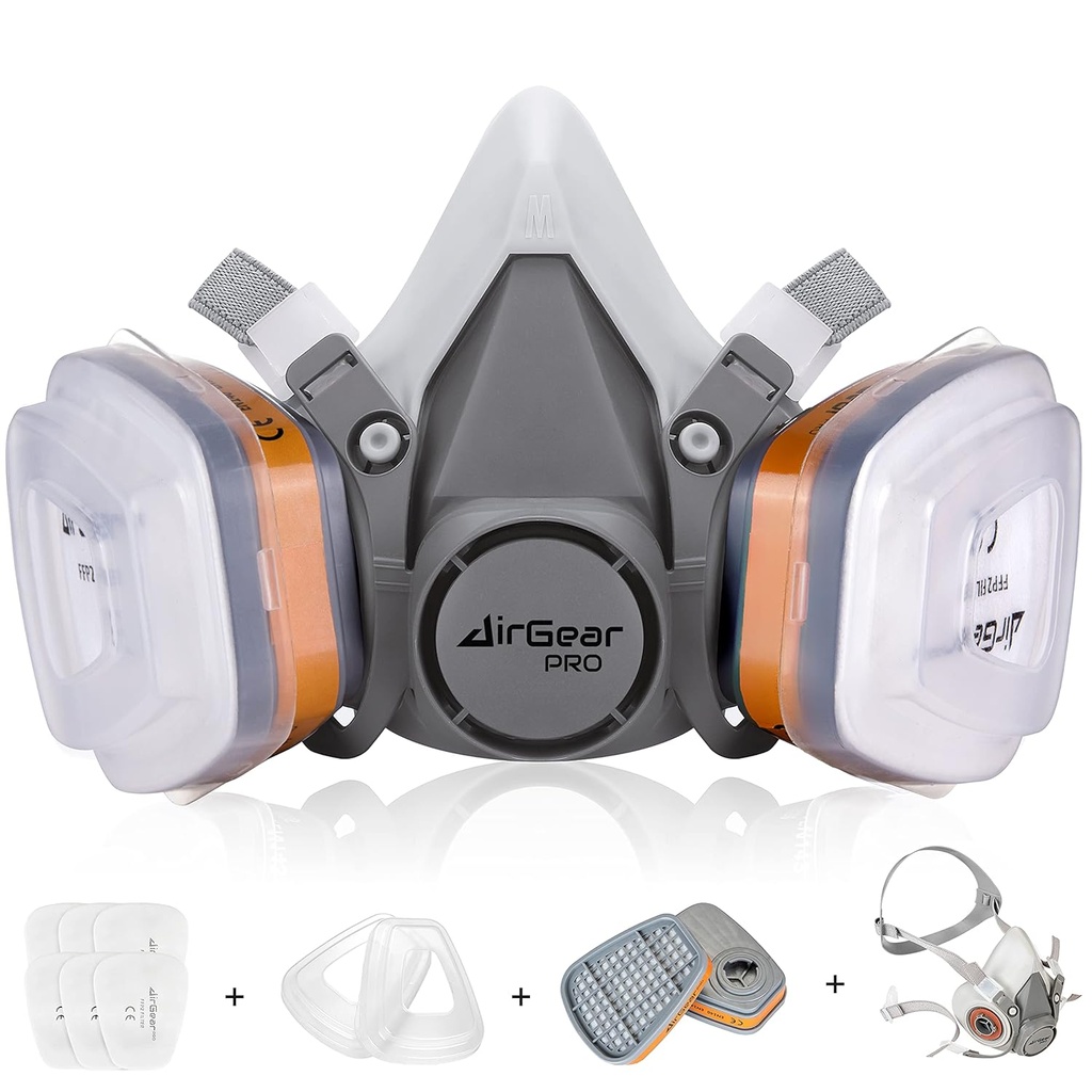 AirGearPro M-500 Reusable Respirator Mask with A1P2 Filters | Anti-Gas, Anti-Dust | Ideal for Painting, Woodworking, Construction, Sanding, Spraying, Chemicals, DIY