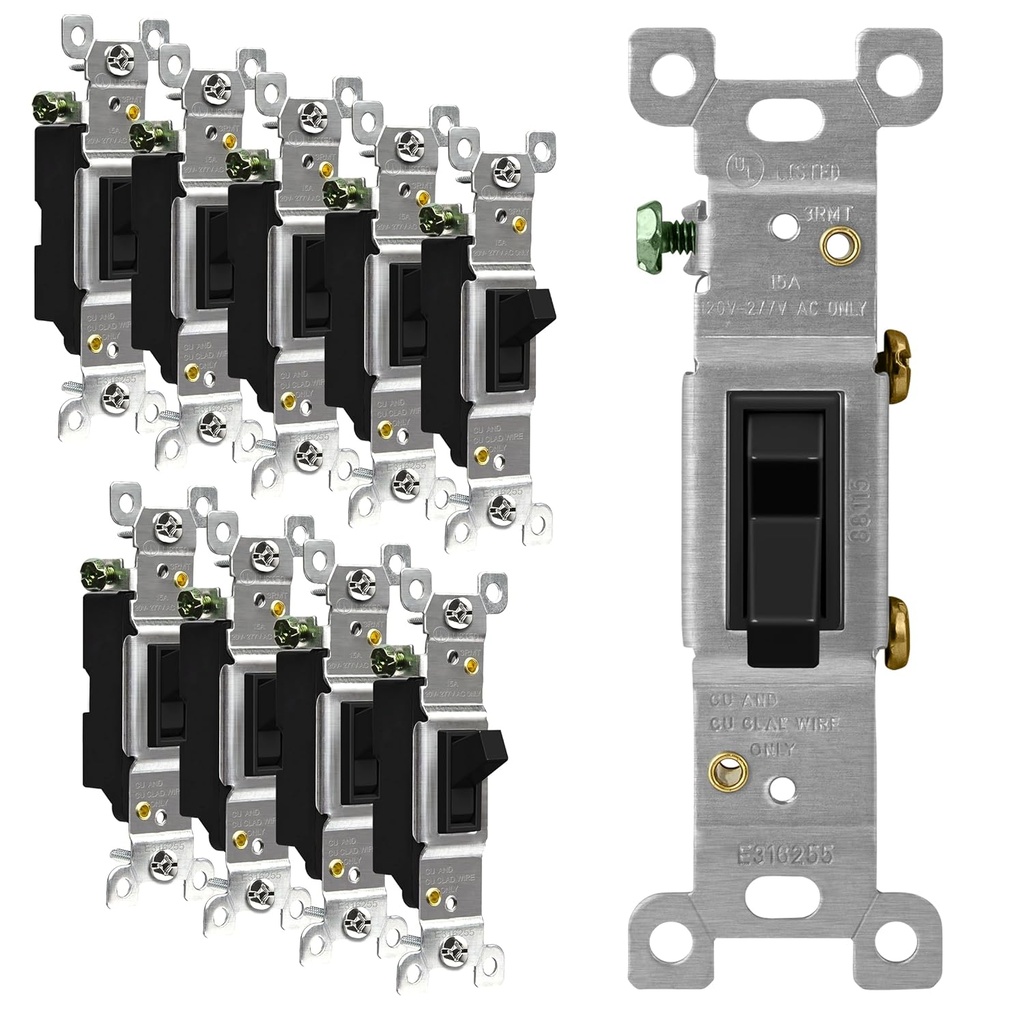 10 Pack of ENERLITES Black Toggle Light Switches, Single Pole, 15A 120-277V, Grounding Screw, Residential Grade, UL Listed