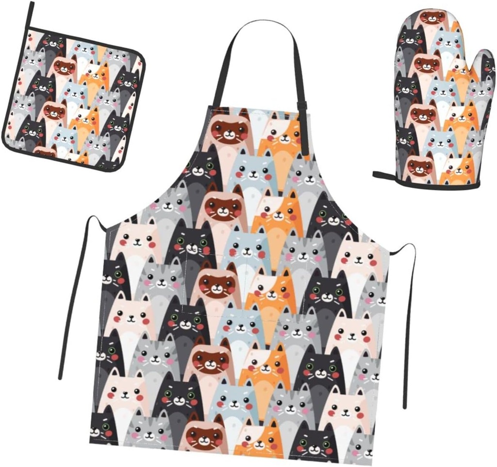 Adorable Pink Cats Kitchen Set: 3-Piece Waterproof Apron, Oven Mitt, Pot Holder for Cooking