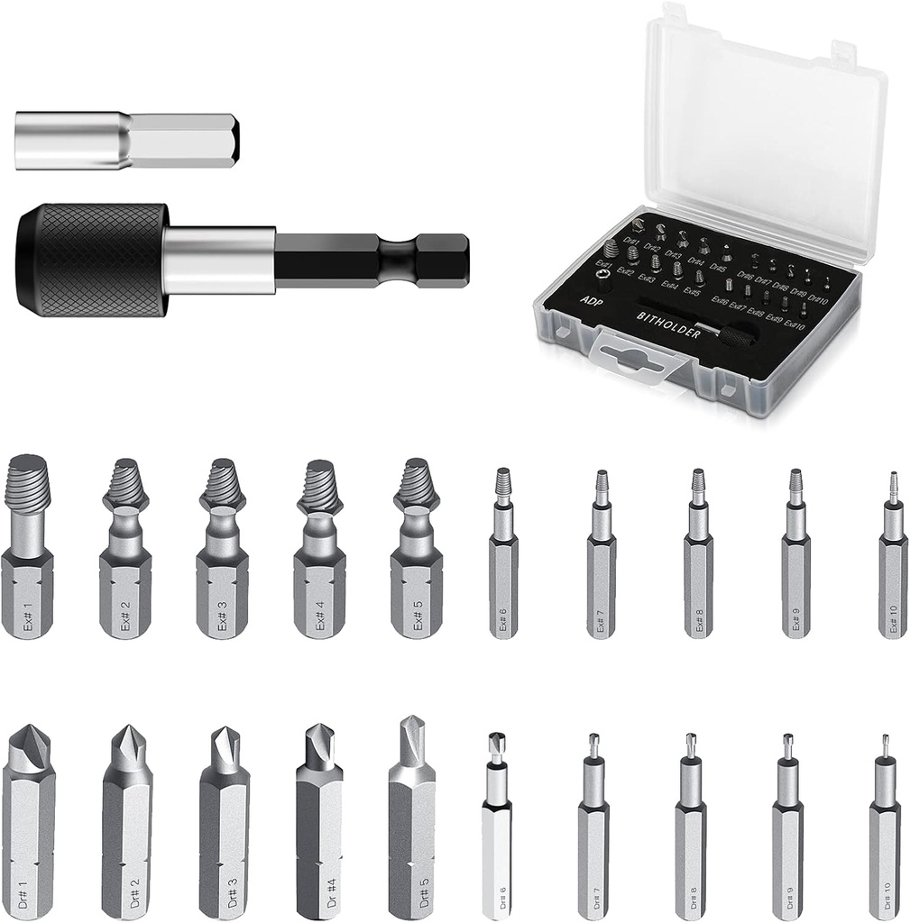 22 PCS Raynesys Damaged Screw Extractor Kit, Easy Out Stripped Screw Remover Set for Home DIY Garden Wood Extraction - Includes Magnetic Extension Bit Holder and Socket Adapter