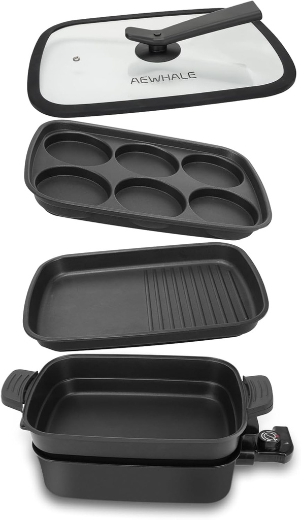 AEWHALE 3-in-1 Electric Grill & Skillet Combo with Lid - Nonstick 1400W Griddle for Meats & Pancakes