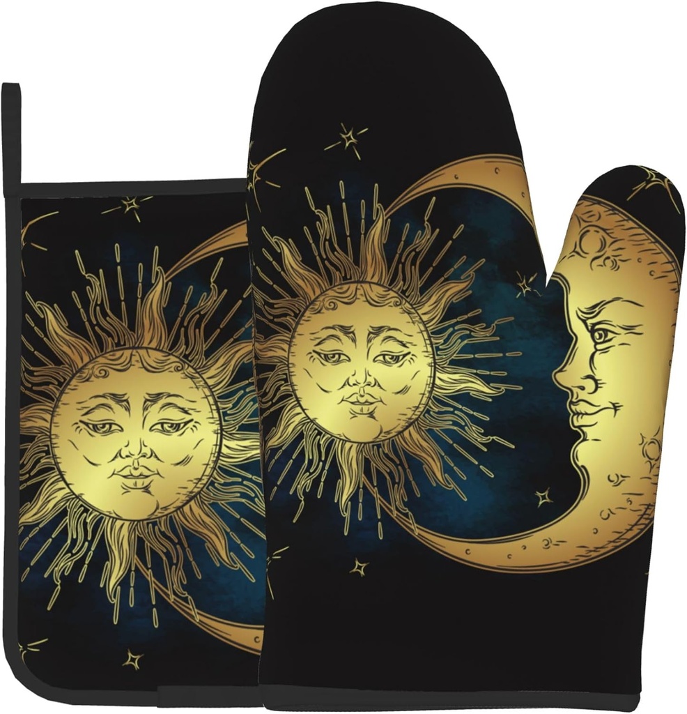 Set of 2 Moon Sun Oven Mitts and Pot Holders for Kitchen, Heat Resistant Hot Pads for Cooking, BBQ, Baking - Ideal for Women and Men