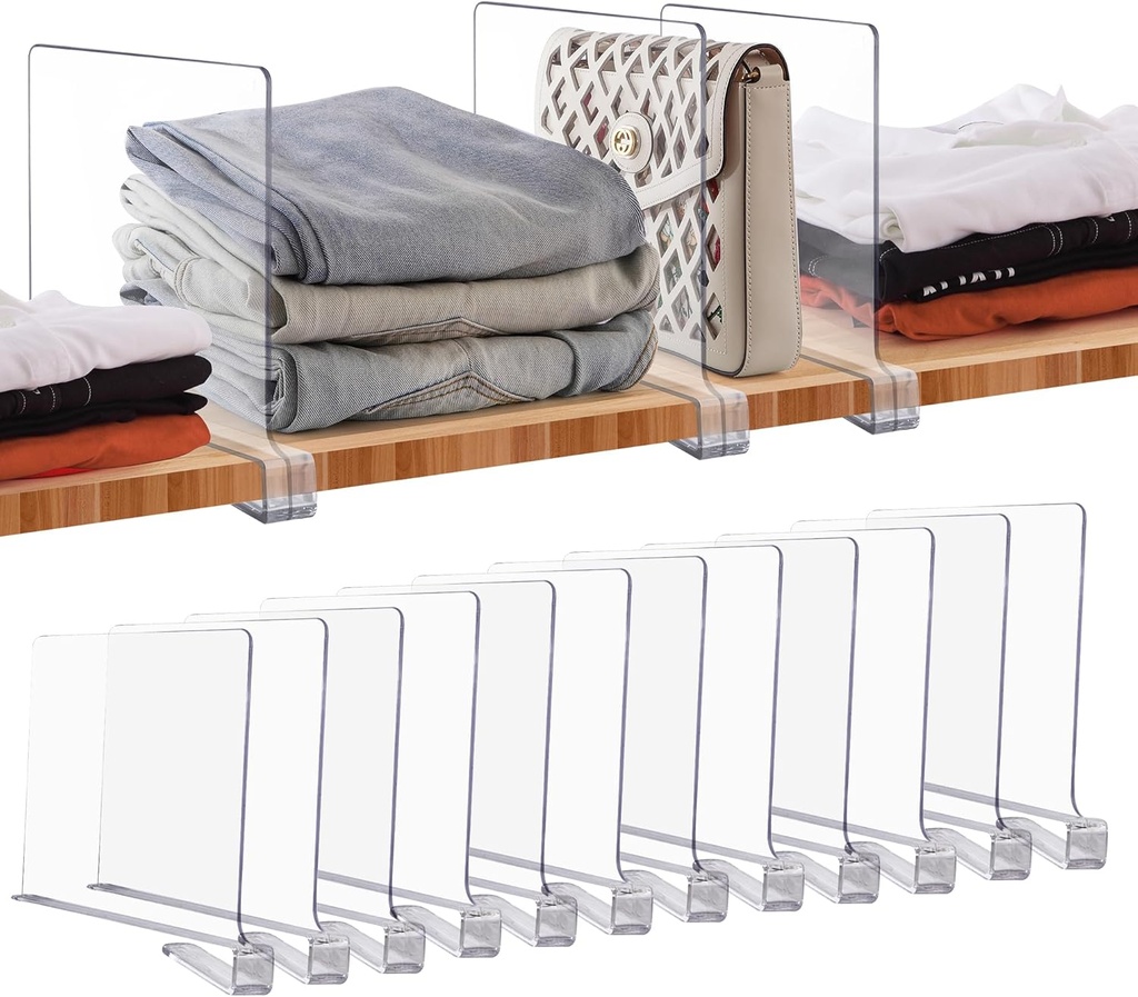 12 Pack Clear Acrylic Shelf Dividers for Closet Organizer - Adjustable Vertical Wood Separators for Clothes, Books, Bags - Bedroom & Kitchen Storage