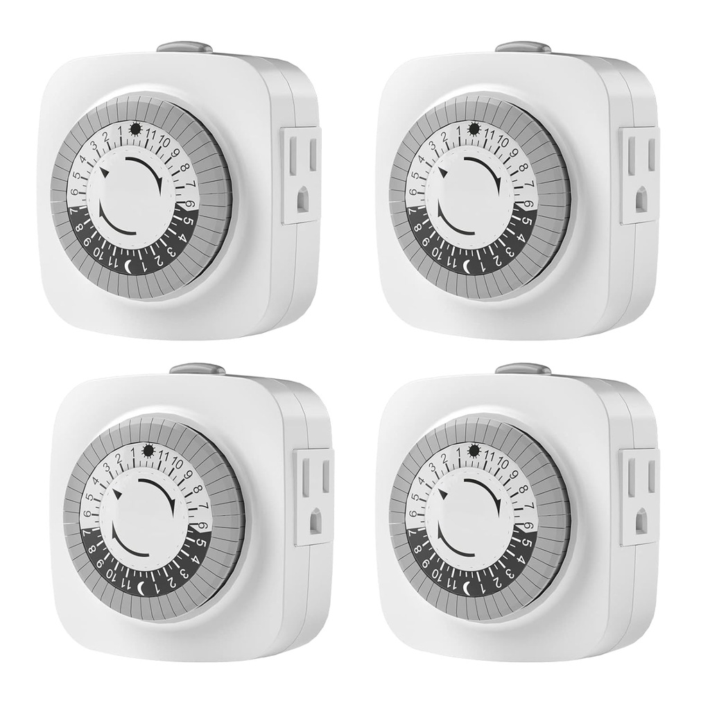 ETL Certified 24 Hour Indoor Mechanical Timer with 2 Grounded 3-Plug Sockets, 30 Min Daily Cycle, White - Pack of 4