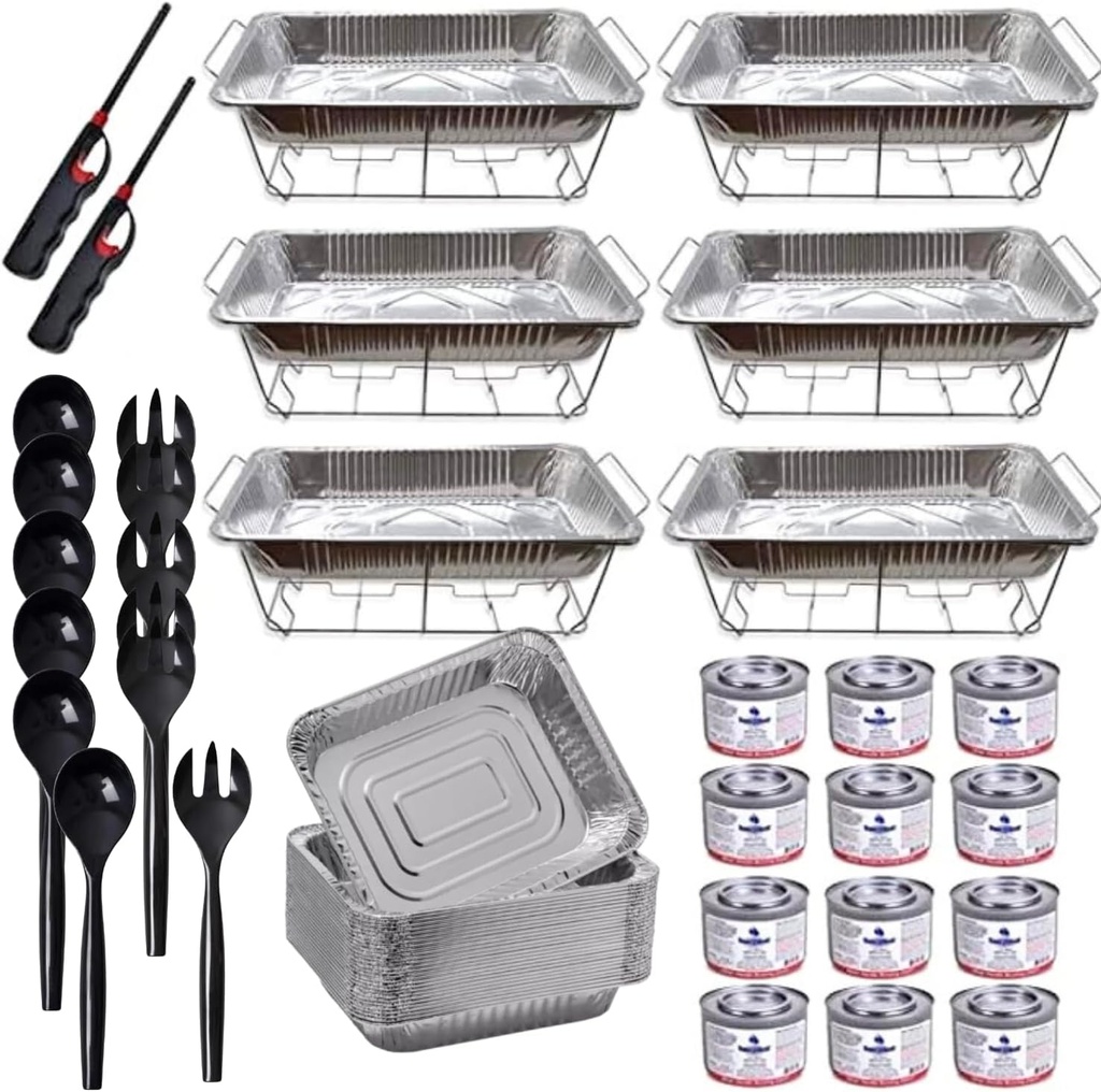 Disposable Chafing Dish Buffet Set with Fuel, Racks, Pans, Utensils - 50 Pieces