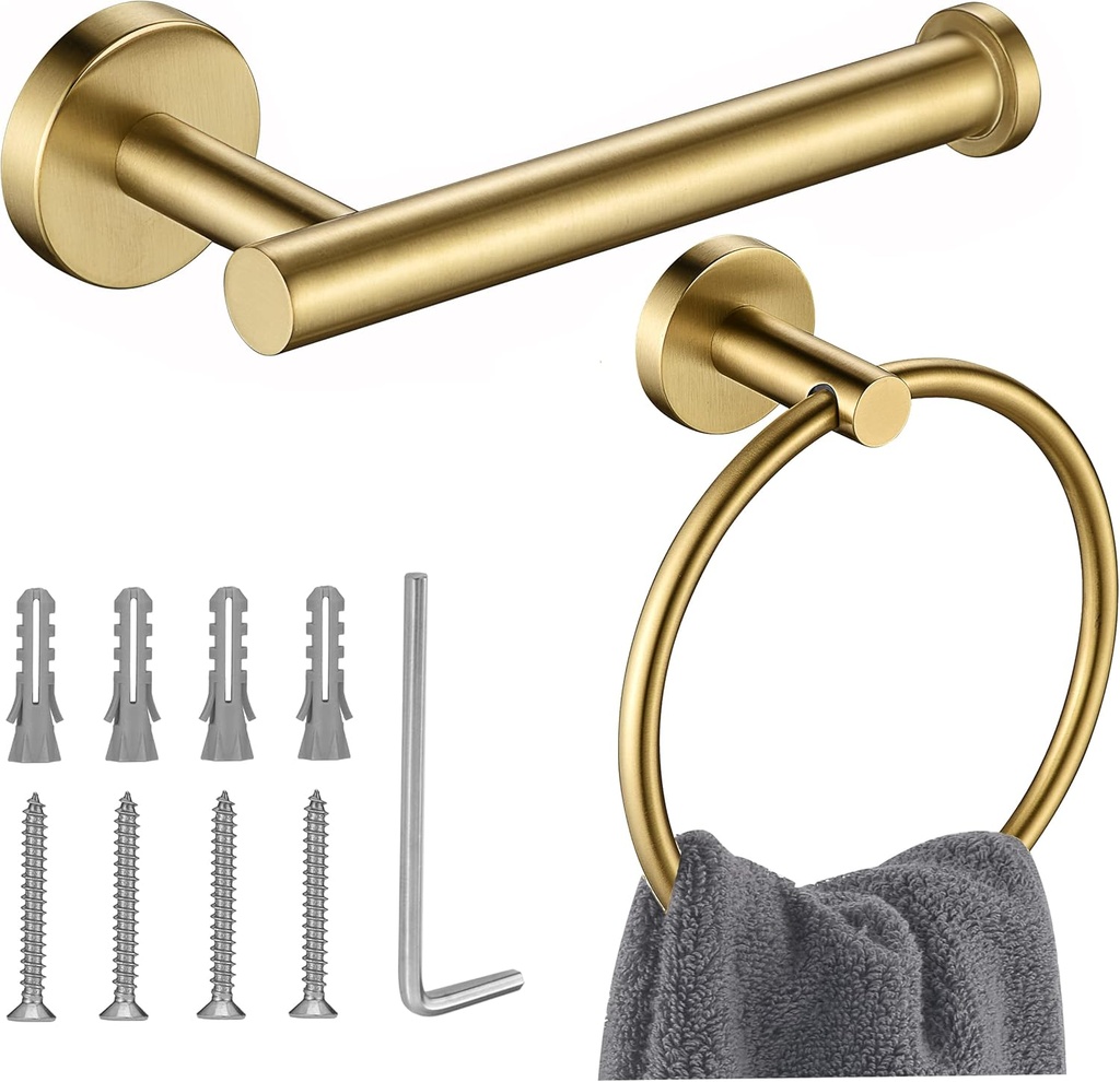 SUS304 Stainless Steel Bathroom Hardware Set - Gold Toilet Paper Holder, Towel Ring, Hand Towel Holder - Wall Mount Accessories Kit