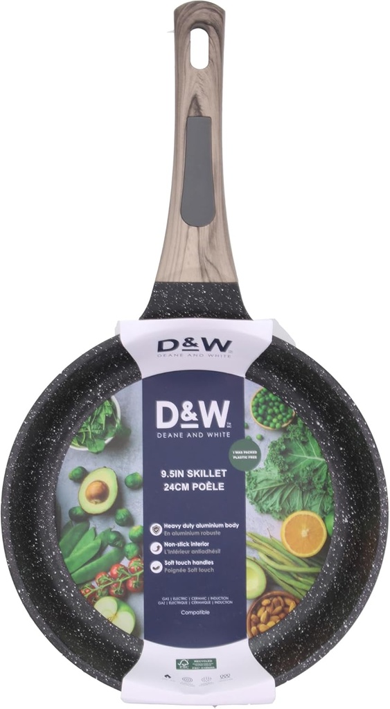 Deane and White Premium Cast Aluminum Skillet Pan 9.5" with Non-Stick Interior and Brown Handle