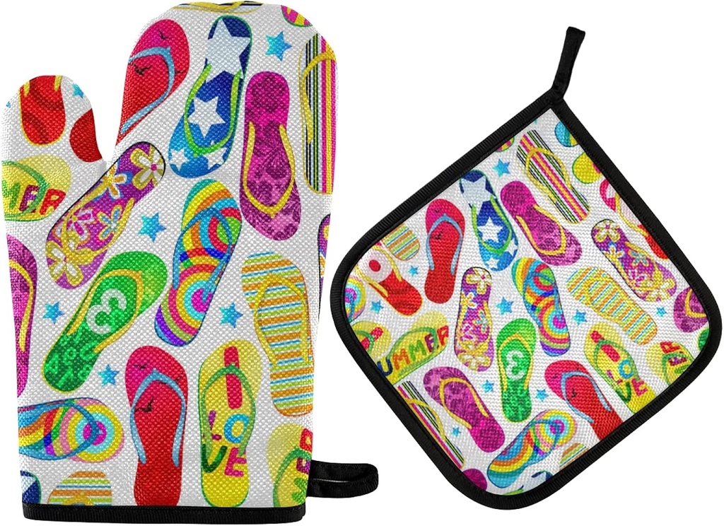 Colorful Flip Flops Oven Mitts and Pot Holders Set - Heat Resistant Cooking Gloves for BBQ and Kitchen Cookware