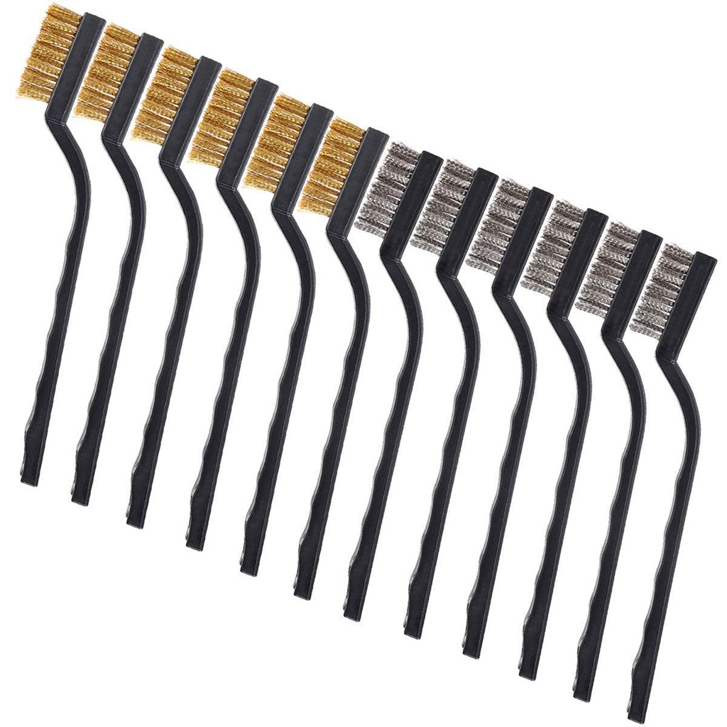 12-Piece Stainless Steel and Brass Wire Brush Set for DIY Crafts, Cleaning Welding Slag and Rust - Curved Handle Masonry Brush with Wire Bristles