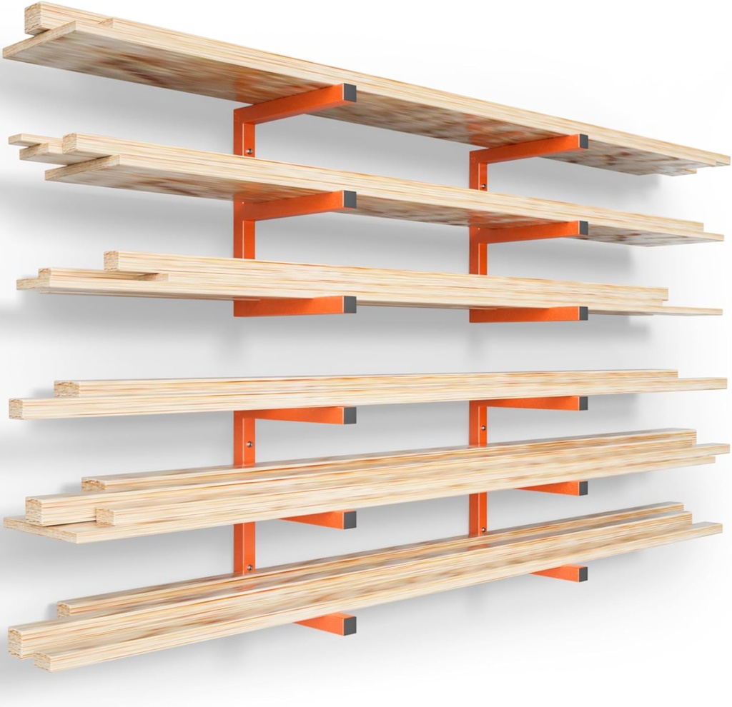 Heavy Duty Wood Organizer and Lumber Storage Rack Wall Mount - Holds 1200 LBS - Indoor/Outdoor - Orange