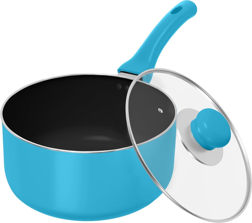 2 Quart Nonstick Saucepan with Glass Lid, Bakelite Handle, Induction Bottom - Turquoise Black Pot Pan