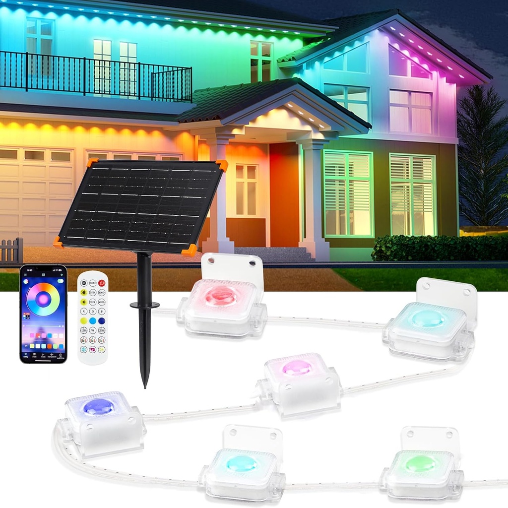 32.8ft Solar Powered Smart RGB Eaves Lights with Remote Control for Halloween & Christmas Decor - IP68 Waterproof Outdoor Lighting