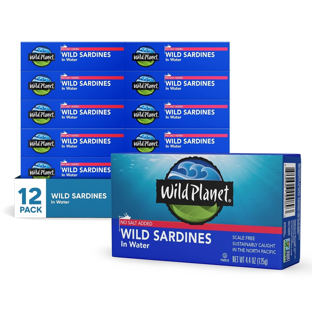 Wild Planet Wild Sardines in Water - No Salt Added, Tinned Fish, Non-GMO, Sustainable - 4.4 Ounce (Pack of 12)