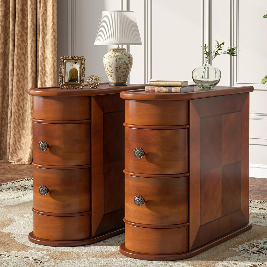 Tribesigns Set of 2 Wood End Tables with 2 Drawers - Narrow Solid Side Tables, Walnut Finish, No Assembly Needed