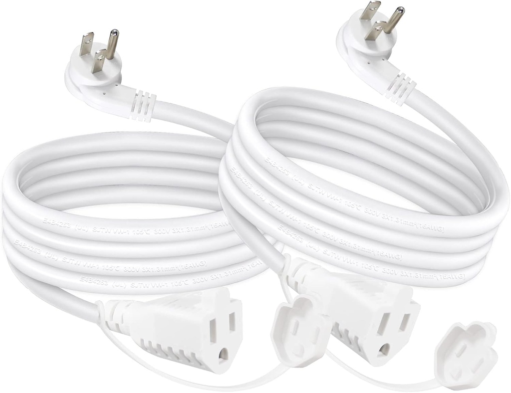 2-Pack 3FT White Flat Plug Outdoor Extension Cord - Weatherproof Low Profile 3 Prong Grounded Cable