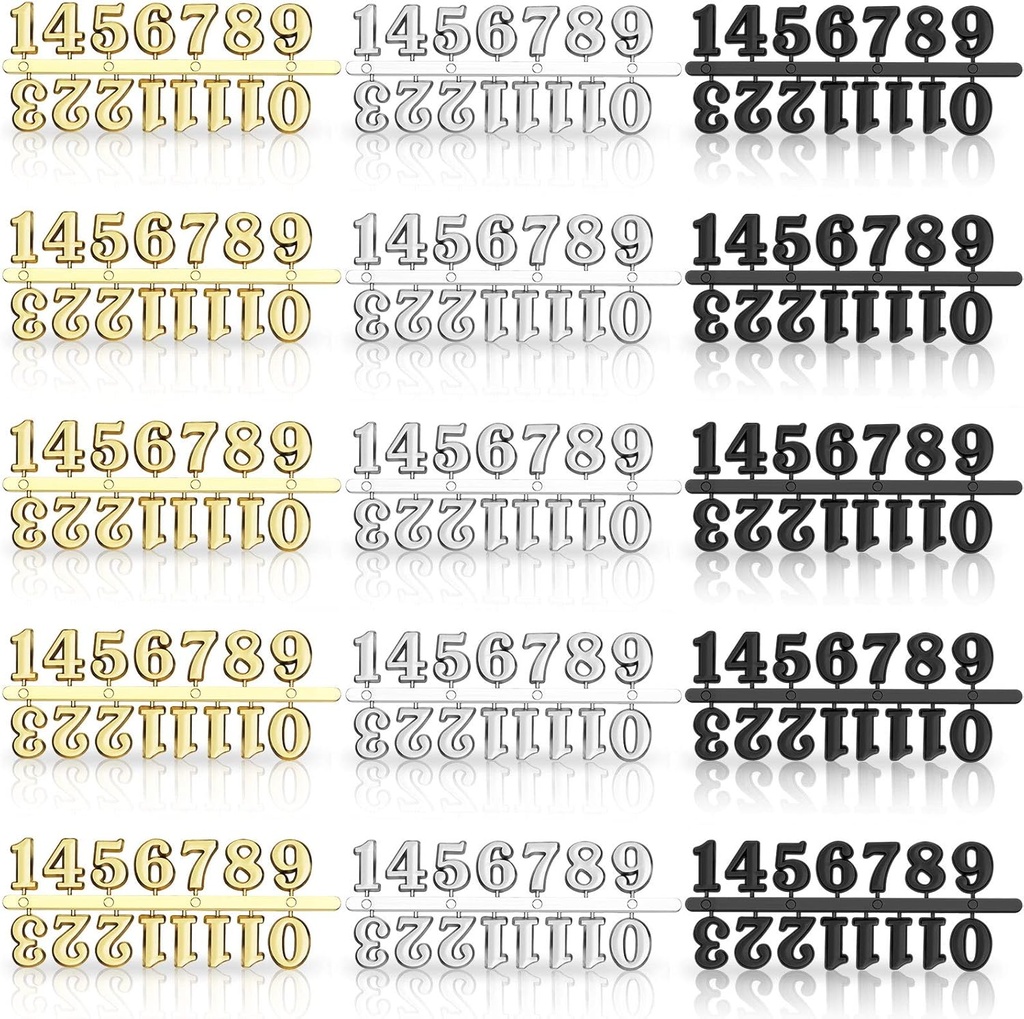 15 Piece Clock Numerals Kit Set in Black, Silver, and Gold - DIY Clock Numbers & Hands Replacement Parts for Home Decor