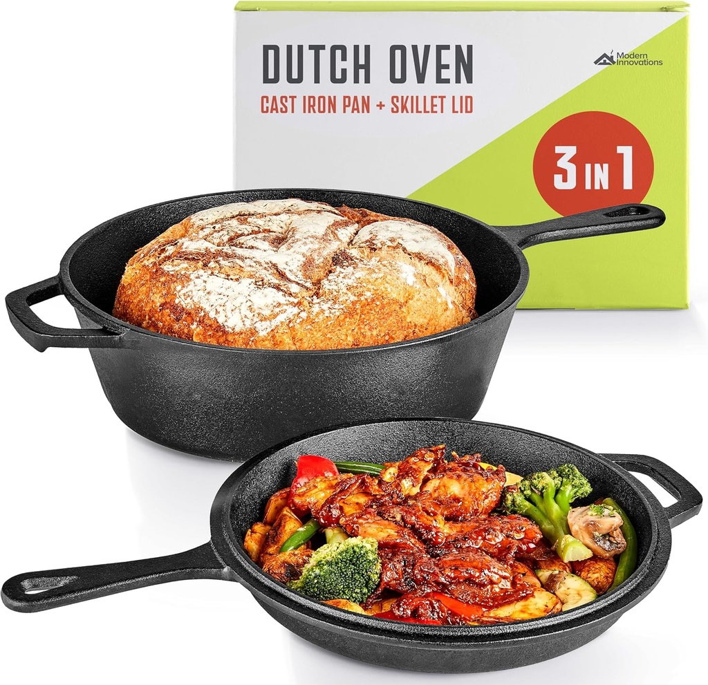 3-in-1 Cast Iron Cookware Set with Dutch Oven, Skillet, and Pan - Preseasoned Pots and Pans for Camping or RV Trip