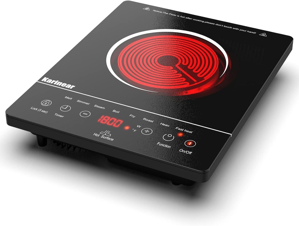 Karinear Portable Electric Stove Single Burner Ceramic Cooktop with Touch Control and Safety Features