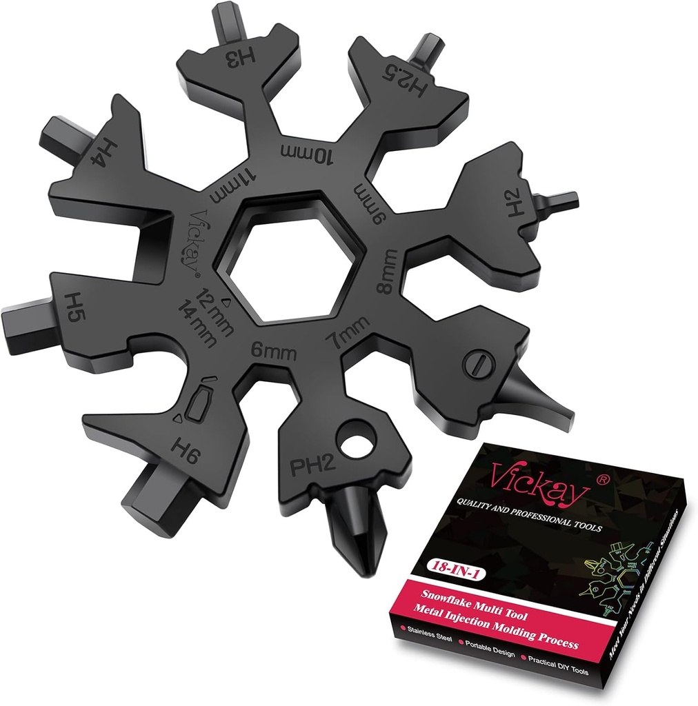 Vickay 18-in-1 Snowflake Multi Tool with Phillips Flat Screwdriver, Wrench, and Bottle Opener - EDC Camping Gear for Men in Black