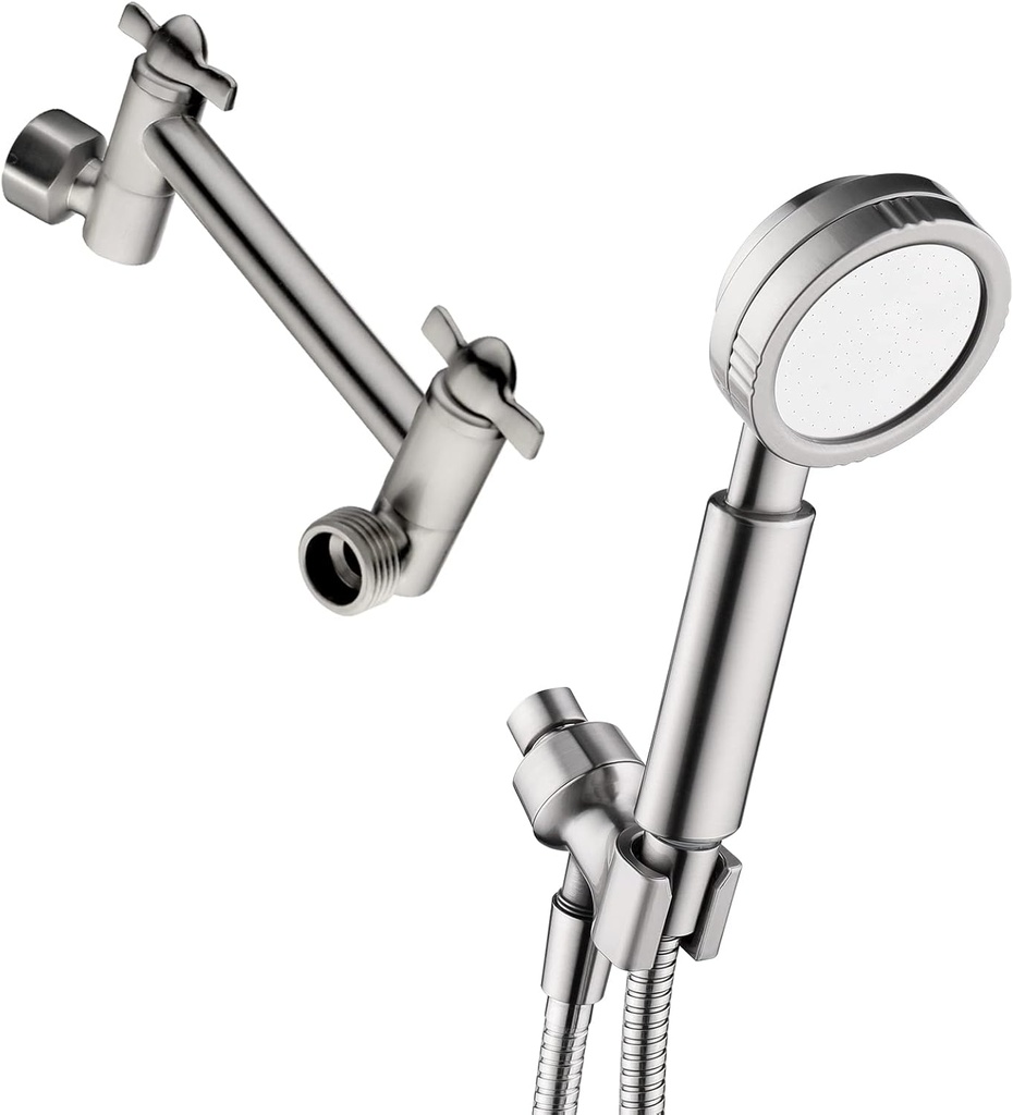 High Pressure Handheld Shower Head Set with Long Stainless Steel Hose and Adjustable Wall Bracket - 5 Inch Extension Arm Included