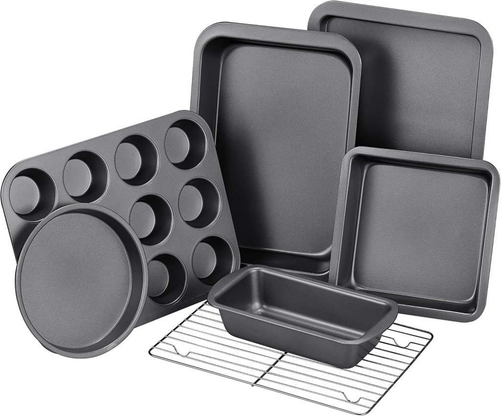 7-Piece Nonstick Bakeware Set with Cake Pan, Loaf Pan, Muffin Pan, Cookie Sheet, Roast Pan, Cooling Rack - Carbon Steel Bake Set by KITESSENSU