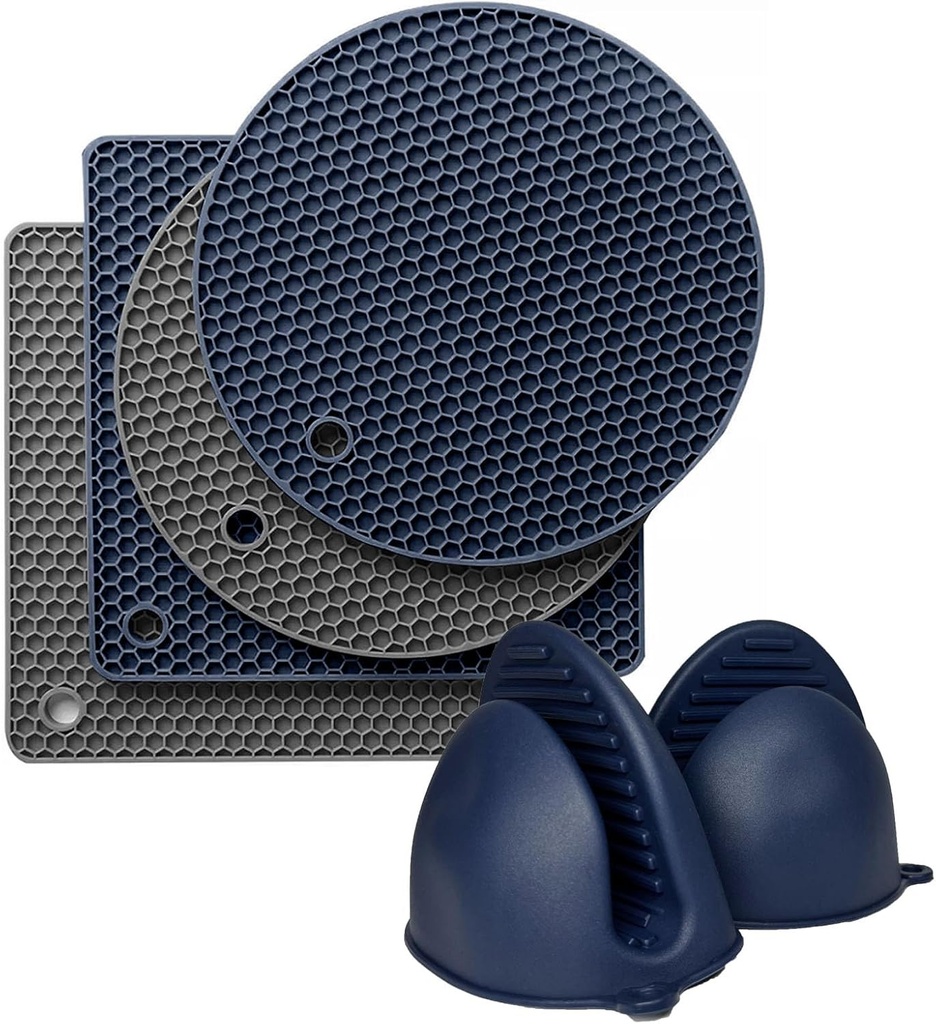 Silicone Trivet Mats Set with Oven Mitts and Pot Holders - Heat Resistant Multipurpose Kitchen Mats - 4 Pieces (Grey & Navy Blue)