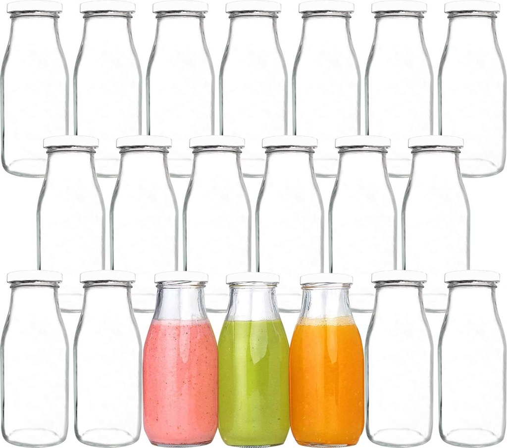 Set of 20 Vintage Glass Milk Bottles with Lids and Chalkboard Labels for Party and Kids, 12 oz Shake Containers