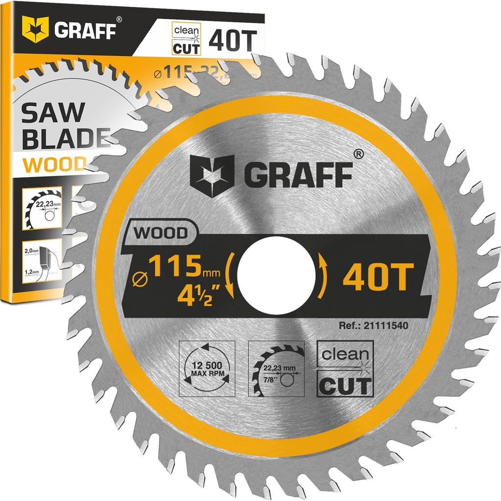 GRAFF 4-1/2 Inch Angle Grinder Circular Saw Blade - 40 Teeth Wood Cutting Disc - Ideal for Wood, Plywood, Laminate, Drywall, and Plastic - 7/8 Inch Arbor Size