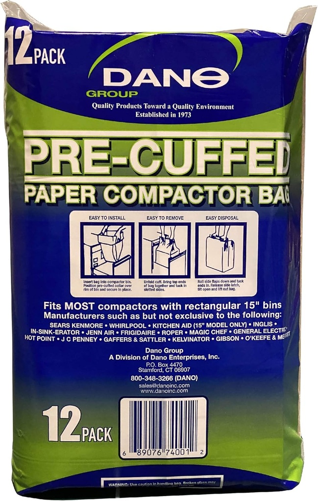 Dano Pre-Cuffed Trash Compactor Bags - Pack of 50, Strong and Durable for Easy Waste Management