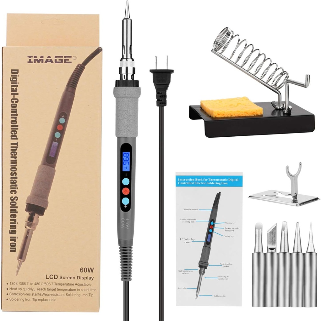 Thermostatic Digital-Controlled Welding Soldering Iron Kit with LCD Display, 60W, Temperature Adjustable, 5 Soldering Bits, 2 Iron Stands, 1 Sponge.