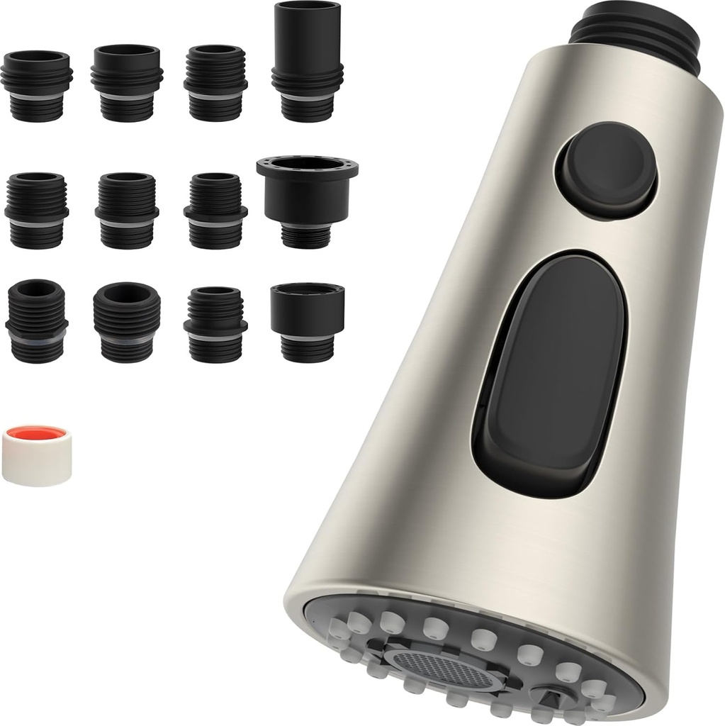 Brushed Nickel Kitchen Faucet Head Replacement - 3-Function Sink Spray Nozzle with 12 Adapters for Moen, American Standard, Delta, Kohler - Hibbent Pull Down