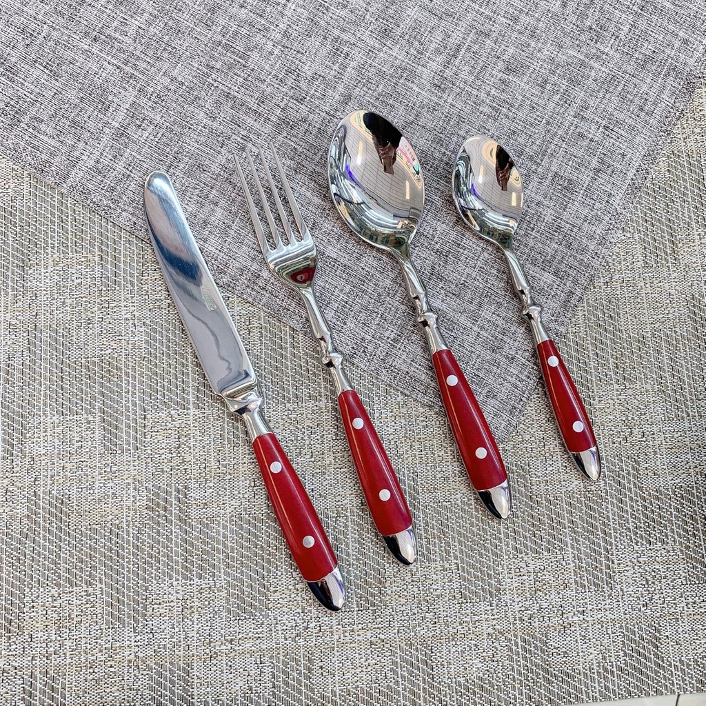 Vintage Stainless Steel Cutlery Set - Retro Red Rivet Silverware for Dining Table - Mirror Polished Flatware Utensils