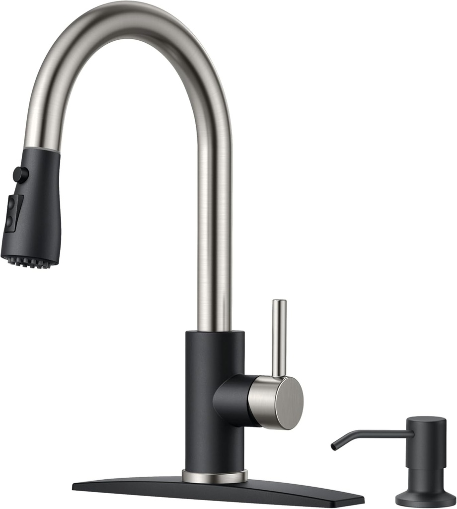 Black Brushed Kitchen Faucet with Soap Dispenser and Pull Down Sprayer - Single Handle High Arc Stainless Steel Faucet for Sink