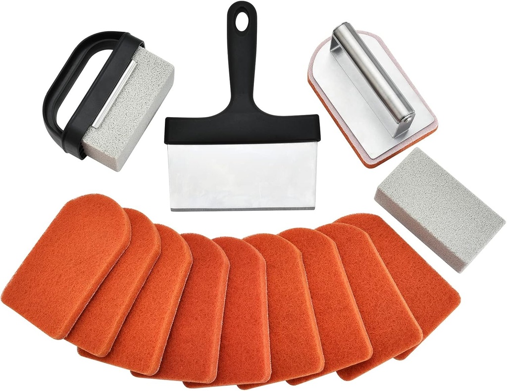15-Piece Heavy Duty Grill Cleaner Kit for Blackstone Griddle - Includes Grill Stone, Scraper, & Brush with Stainless Steel Handle - Easy Flat Top Cleaning