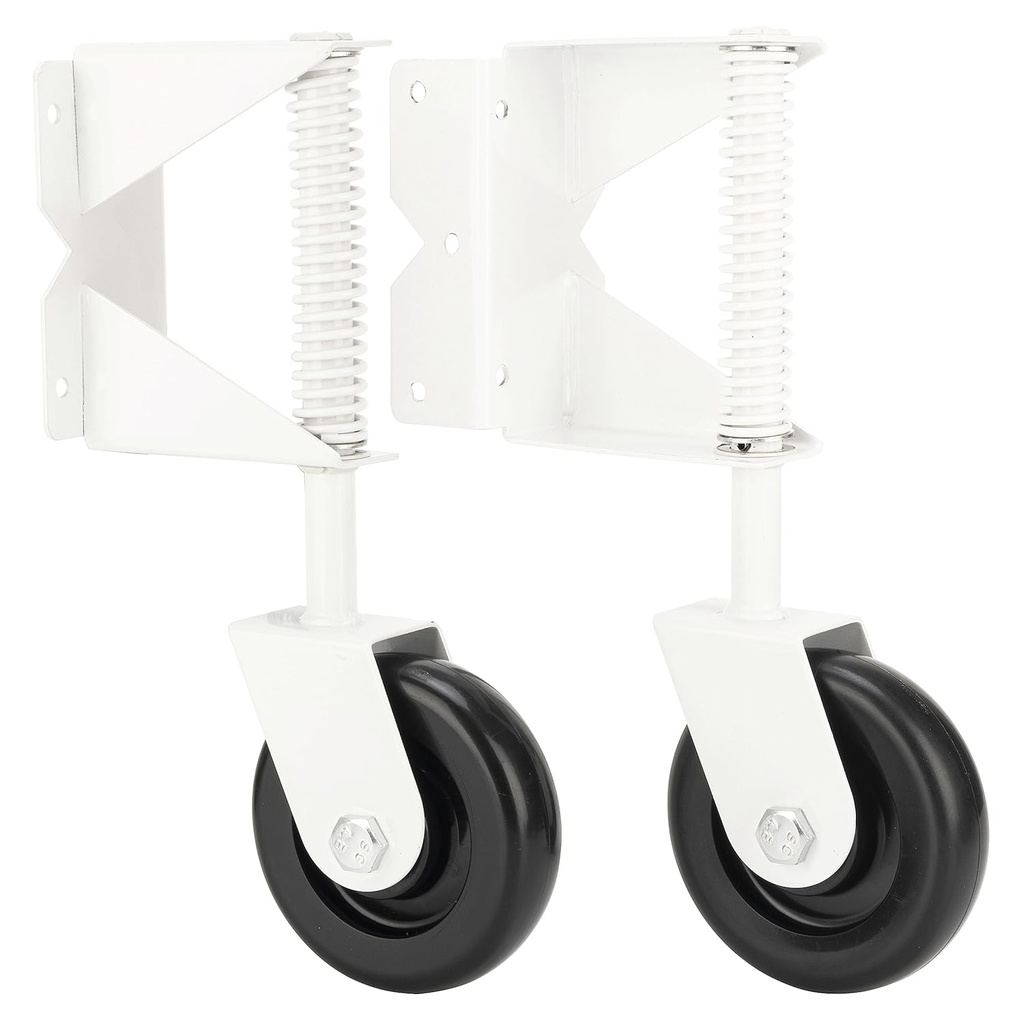 Heavy Duty Spring-Loaded Gate Caster Kit for Wooden PVC Fences - 4.3-Inch White Rollers - Outdoor Gate Support Wheel - 2 Pack