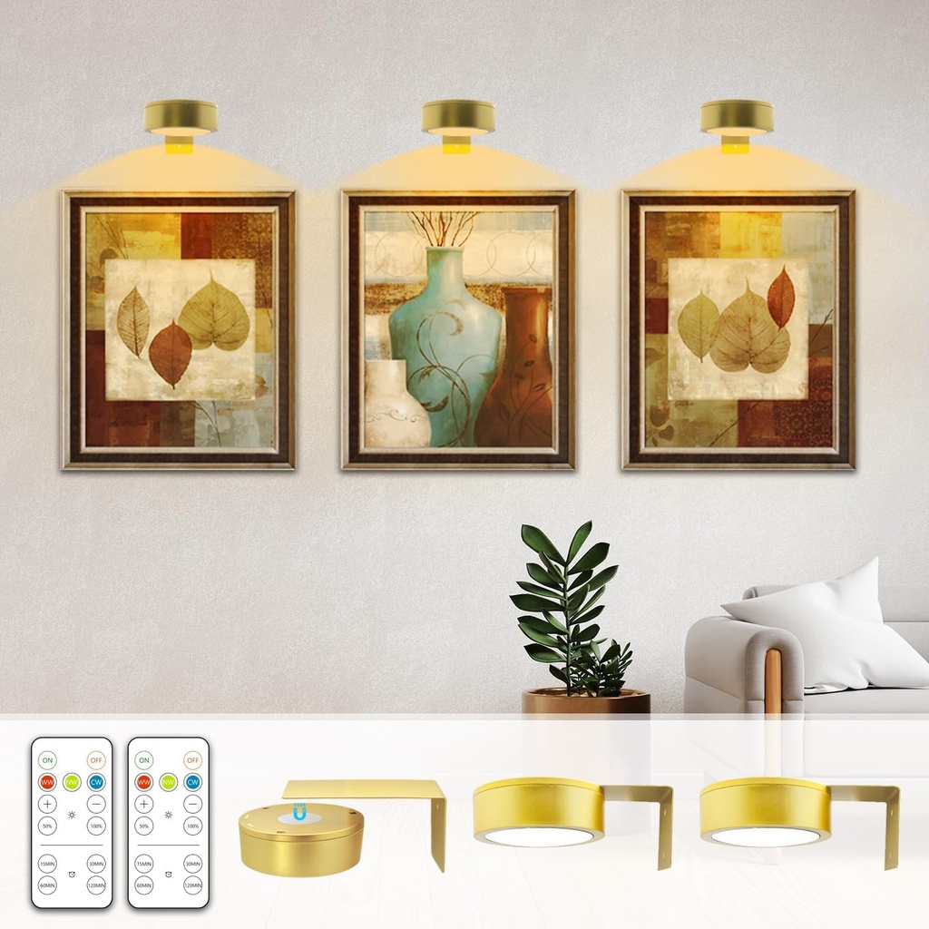3-Pack Gold Battery Picture Light with Remote - Wireless Wall Art Accent Light for Paintings - Dimmable & Timer - Magnetic Installation