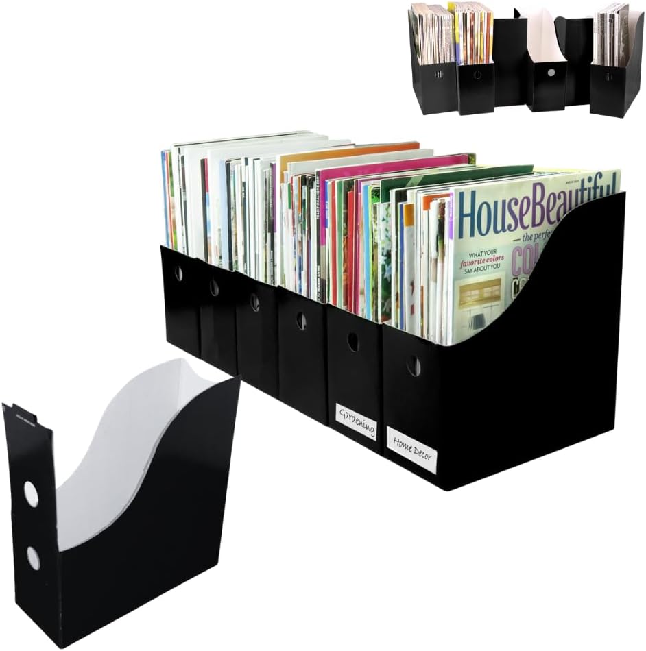 Set of 12 Black Magazine File Holders for Office Desk Organization - Sturdy Cardboard with Double Front Panel for Stability - 4 Inch Wide - Easy Assembly
