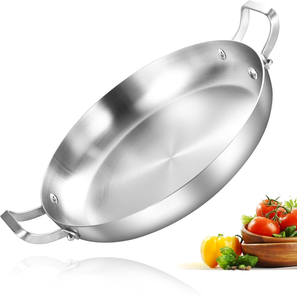 12-Inch Tri-Ply Stainless Steel Multifunctional Pan for Paella, Omelets, Skillets, and More - Induction Cooking, Dishwasher & Oven Safe