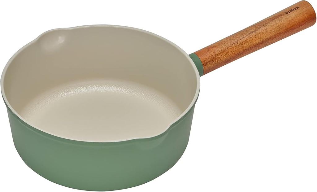 8" Nonstick Ceramic Sauce Pan with Wooden Handle - PFOA & PFOS-free Coating, Dual Spouted 2 Quart Medium Saucepan for Gas, Electric, Halogen, Induction Stove - Green Color