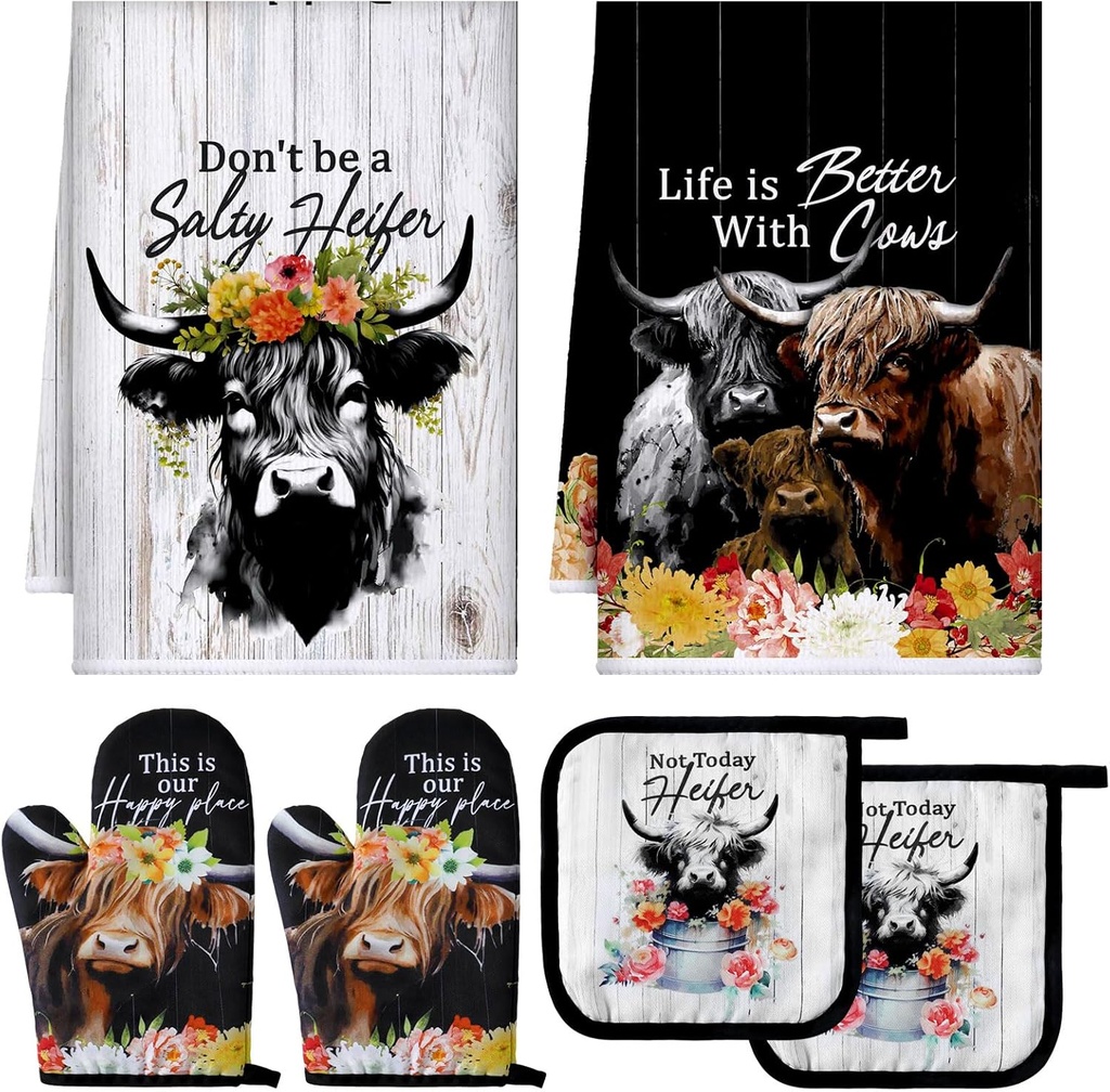 6-Piece Retro Color Cattle Kitchen Towels, Oven Mitts & Pot Holders Set - Non-Slip Heat Resistant Gloves for Summer Cooking & Baking