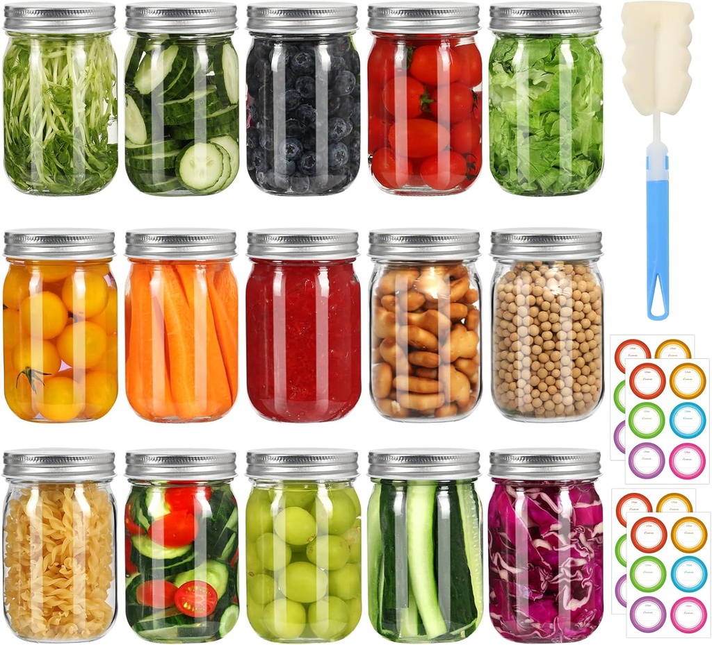 16 oz Mcupper Mason Jars with Silver Lids - 15 Pack Clear Glass Regular Mouth Canning Jars for Fermenting - Includes Labels & Brusher - Microwave & Dishwasher Safe