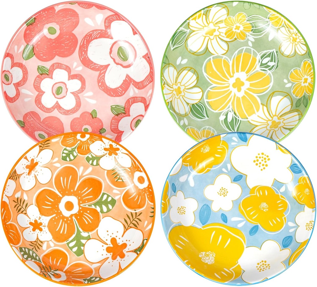 Set of 4 HeipokLife 8 Inch Ceramic Deep Dinner Plates for Dessert, Salad, Pasta, Noodles, Snacks - Microwave & Dishwasher Safe Floral Leaf Design