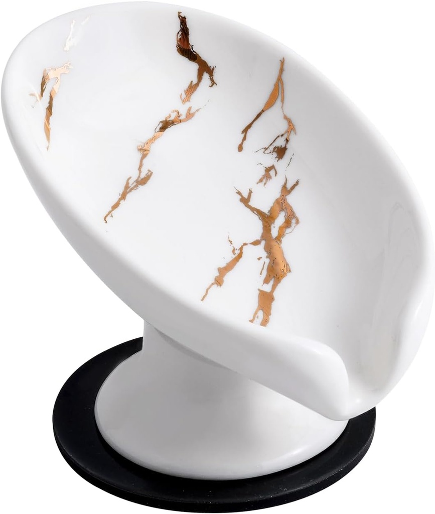 White and Gold Marble Pattern Ceramic Soap Dish Tray for Shower, Bathroom, Kitchen - Self Draining Leaf Shape Soap Holder (Small Size, 1)