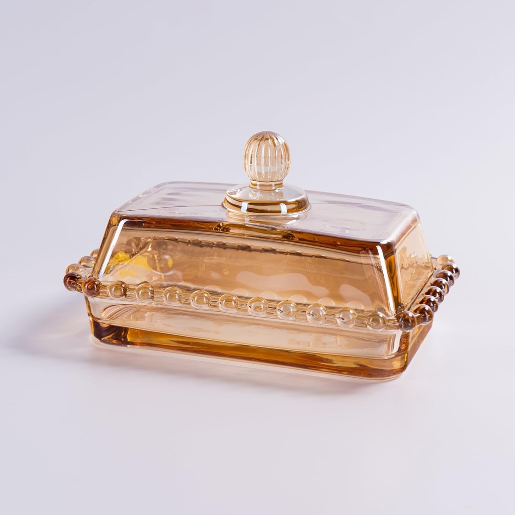 Champagne Crystal Glass Butter Dish with Lid for Countertop - Butter Stick Holder Tray for Fridge Storage