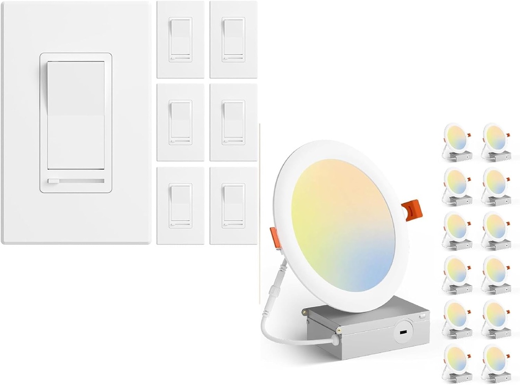 Bundle Deal: Amico 6 Pack Dimmer Light Switch & 12 Pack 6 Inch 3CCT LED Recessed Lighting