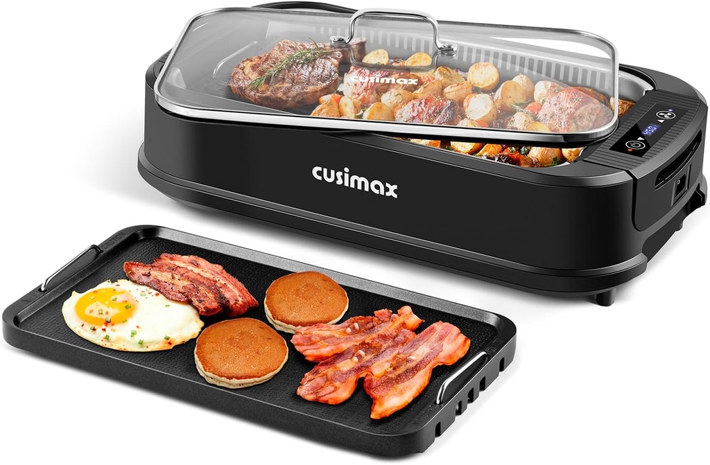 Electric Smokeless Indoor Grill with Smart LED Display, 1500W Korean BBQ Griddle, Non-stick Removable Plates & Tempered Glass Lid - Black