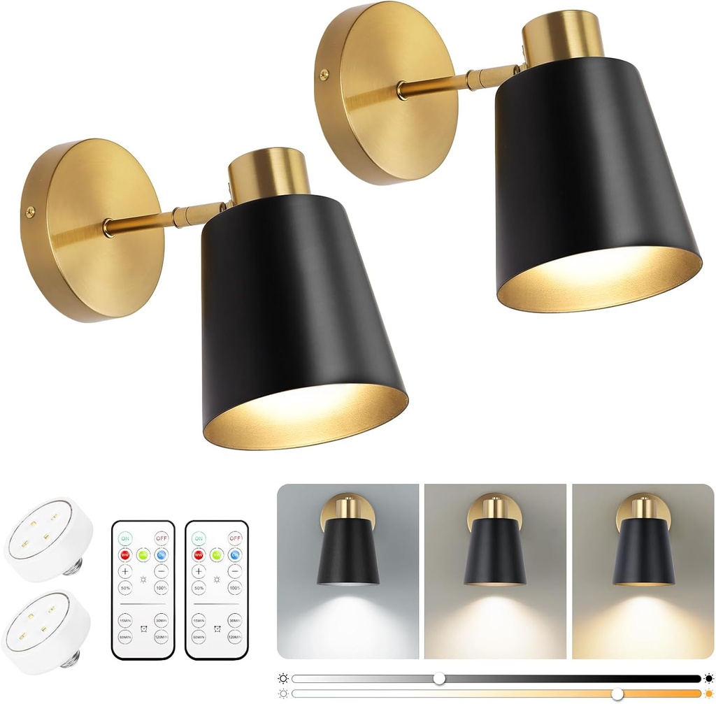 Set of 2 Modern Wireless Battery Operated Wall Sconces with Remote Control - Vintage Black and Gold Wall Lights for Living Room, Bathroom, Hallway