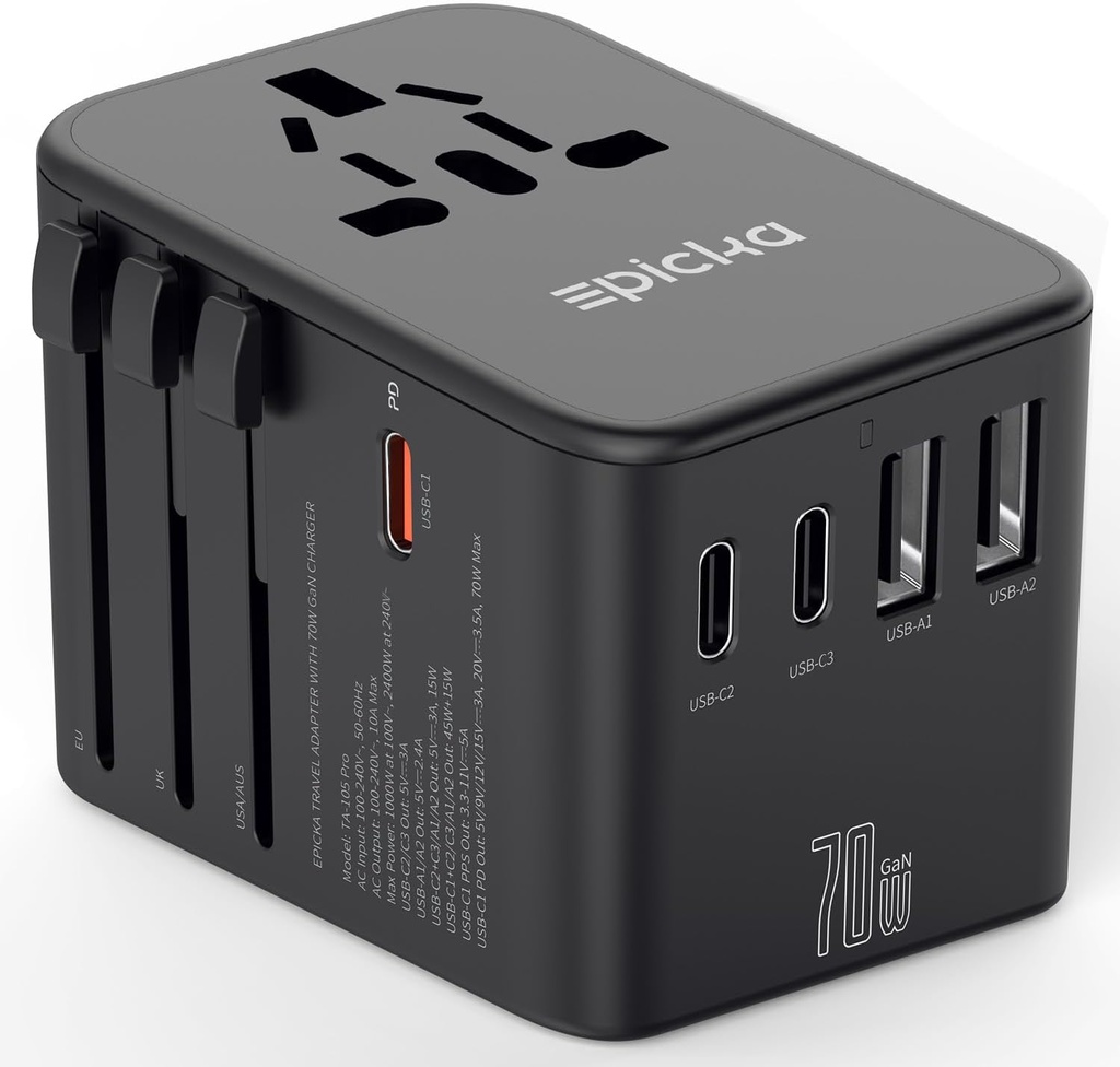 EPICKA Universal Travel Adapter with GaN Technology - 5-in-1 International Plug Adapter with 3 USB-C and 2 USB-A Ports for Fast Charging - Compatible in USA EU UK AUS - Black