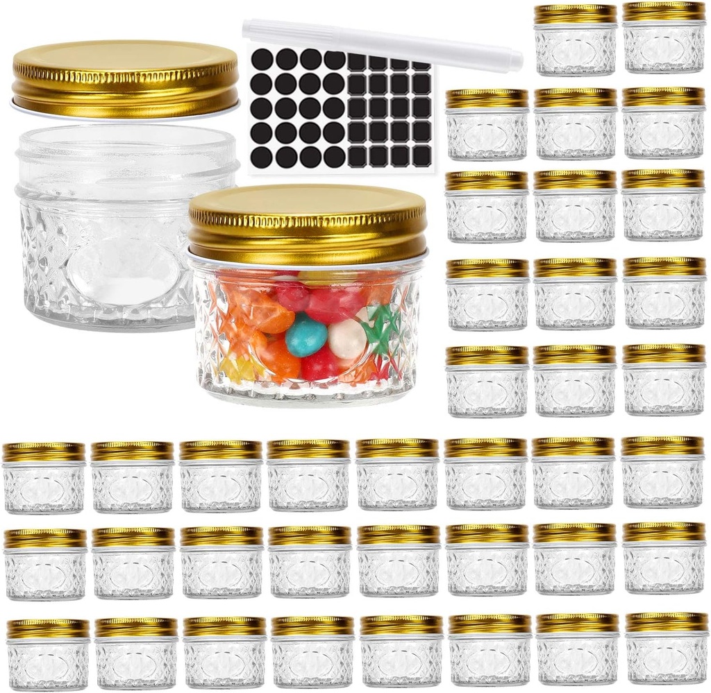 40 Pack 4 oz Glass Mason Jars with Regular Lids for Jam, Honey, Candies - Includes Pens and Labels - Wedding Favors and Decorations